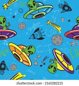 Bright seamless Alien , space  pattern for boys, teenagers, fashion textile, clothes, wrapping paper. Repeated print with  space 