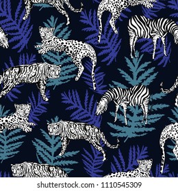 bright seamless animal pattern with monochrome leopard, tiger and zebra sketches, vector illustration
