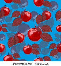 Bright Seamless apple pattern in the style of Andy Warhol. Seamless pattern of apples. Red apples with leaves on blue background. Seamless fruit pattern. Fruit background.