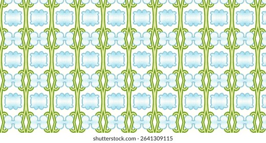 Bright seamless Art Nouveau floral wallpaper with light blue accents and green vines on a white background. Fresh and elegant design perfect for print and fabric projects.
