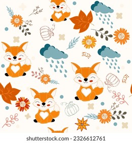 Bright seamless autumn pattern with autumn elements fox, pumpkin, flowers and decor. For printing on fabric, wrapping material, paper, for background and more