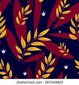 Bright seamless autumn pattern. Small yellow and large red leaves on a dark blue background. Hand-drawn natural pattern. Decorative background for textiles, packaging, prints.