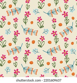 Bright seamless background with abstract flowers, berries, branches. Vector illustration