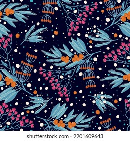 Bright seamless background with abstract flowers, berries, branches. Vector illustration