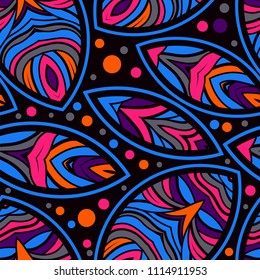 Bright seamless background. Black background with bright elements. Vector graphics. Print for fabric. Bright vectorial pattern.