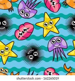 Bright seamless background with Cartoon marine life against the background of the waves 