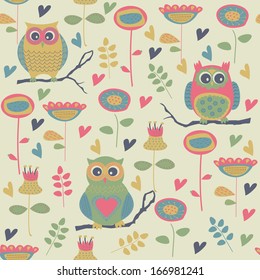 Bright seamless background with cute owls and flowers in cartoon style