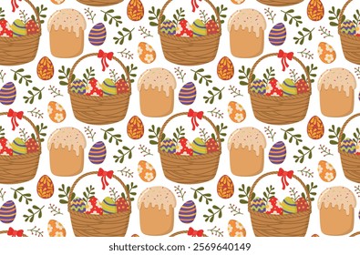 Bright seamless background with Easter cake, basket and painted eggs. Festive pattern with traditional Easter elements