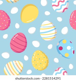 Bright seamless background with Easter eggs. Happy Easter. Colorful eggs with different patterns on a blue background. Vector flat pattern for print, paper, wallpaper, etc.