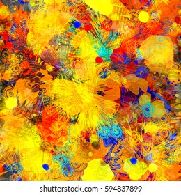 Bright seamless background for fabric, wrapping paper, home decor, boho design. Spots and stylized floral elements