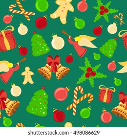 Bright  Seamless Background with Gingerbread Man, Bells, Holly, Box with Gifts, Christmas Tree, Candies. Ideal for Holiday Paper and Fabric Print, Web Usage