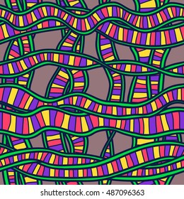 Bright seamless background with hand-drawn curving striped ribbons. Vector image. Abstract pattern.