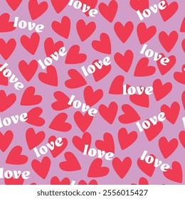 Bright seamless background with hearts and word Love. Festive design for Valentine's Day. Vector.