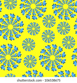 Bright seamless background with the optical illusion of rotation executed from flying dark blue butterflies