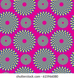 Bright seamless background with the optical illusion of rotation executed from rhombuses. Style op art. Can be used for textile or packing.