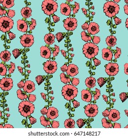 Bright seamless background with painted flowers and buds of mallow.