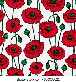 Bright seamless background with painted red poppies.