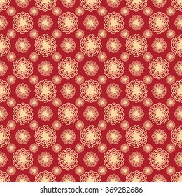 Bright seamless background pattern with golden contour flowers isolated on the rich red fond. Vector illustration eps