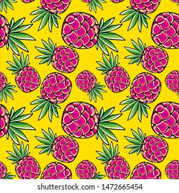 Bright seamless background with pineapples.Colorful pineapples. background for paper and textiles.Colored pineapples on yellow background.