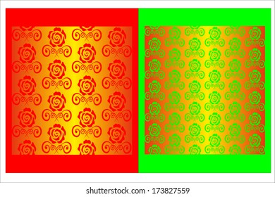 Bright, seamless background of red, green, golden, yellow color with bouquets of roses stalks and curls  symmetrically in the correct order.