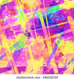 Bright seamless background with spots and stripes. Yellow, blue and purple colors. Abstract striped texture