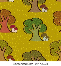 Bright seamless background with trees and mushrooms in a simple style. Autumn. Vector illustration.  