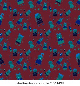 Bright Seamless Background with Trendy Elements. Modern Childish Rapport for Dress, Linen, Child Cloth. Seamless Pattern with Hand Drawn Girls. Naive Texture in Fashion Style. Vector Girlie Pattern.