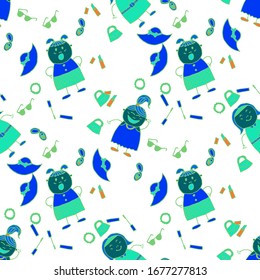 Bright Seamless Background with Trendy Elements. Naive Texture in Fashion Style. Seamless Pattern with Hand Drawn Girls. Modern Childish Rapport for Dress, Linen, Child Cloth. Vector Girlie Pattern.
