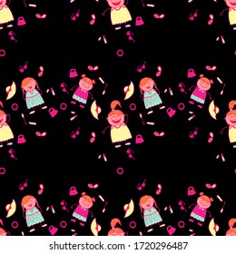 Bright Seamless Background with Trendy Elements. Naive Texture in Fashion Style. Modern Childish Rapport for Dress, Linen, Child Cloth. Seamless Pattern with Hand Drawn Girls. Vector Girlie Pattern.