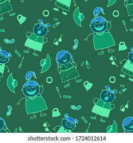 Bright Seamless Background with Trendy Elements. Modern Childish Rapport for Dress, Linen, Child Cloth. Naive Texture in Fashion Style. Seamless Pattern with Hand Drawn Girls. Vector Girlie Pattern.