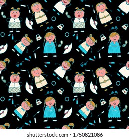 Bright Seamless Background with Trendy Elements. Seamless Pattern with Hand Drawn Girls. Modern Childish Rapport for Dress, Linen, Child Cloth. Naive Texture in Fashion Style. Vector Girlie Pattern.