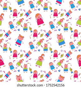 Bright Seamless Background with Trendy Elements. Naive Texture in Fashion Style. Seamless Pattern with Hand Drawn Girls. Modern Childish Rapport for Dress, Linen, Child Cloth. Vector Girlie Pattern.