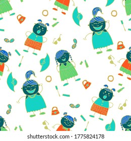 Bright Seamless Background with Trendy Elements. Modern Childish Rapport for Dress, Linen, Child Cloth. Seamless Pattern with Hand Drawn Girls. Naive Texture in Fashion Style. Vector Girlie Pattern.