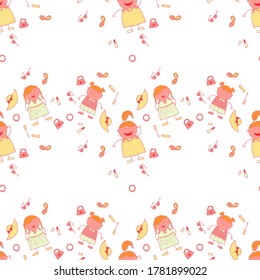 Bright Seamless Background with Trendy Elements. Seamless Pattern with Hand Drawn Girls. Naive Texture in Fashion Style. Modern Childish Rapport for Dress, Linen, Child Cloth. Vector Girlie Pattern.