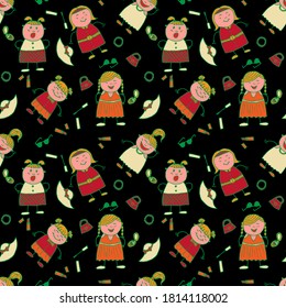 Bright Seamless Background with Trendy Elements. Naive Texture in Fashion Style. Modern Childish Rapport for Dress, Linen, Child Cloth. Seamless Pattern with Hand Drawn Girls. Vector Girlie Pattern.