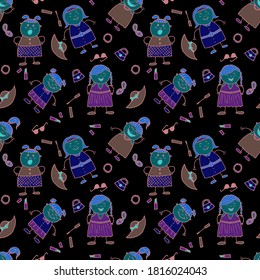 Bright Seamless Background with Trendy Elements. Naive Texture in Fashion Style. Modern Childish Rapport for Dress, Linen, Child Cloth. Seamless Pattern with Hand Drawn Girls. Vector Girlie Pattern.