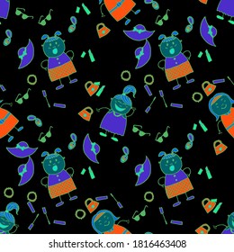 Bright Seamless Background with Trendy Elements. Seamless Pattern with Hand Drawn Girls. Naive Texture in Fashion Style. Modern Childish Rapport for Dress, Linen, Child Cloth. Vector Girlie Pattern.