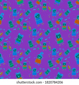 Bright Seamless Background with Trendy Elements. Naive Texture in Fashion Style. Modern Childish Rapport for Dress, Linen, Child Cloth. Seamless Pattern with Hand Drawn Girls. Vector Girlie Pattern.