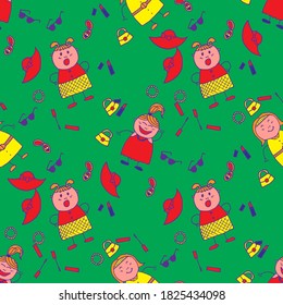 Bright Seamless Background with Trendy Elements. Naive Texture in Fashion Style. Seamless Pattern with Hand Drawn Girls. Modern Childish Rapport for Dress, Linen, Child Cloth. Vector Girlie Pattern.