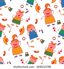 Bright Seamless Background with Trendy Elements. Seamless Pattern with Hand Drawn Girls. Modern Childish Rapport for Dress, Linen, Child Cloth. Naive Texture in Fashion Style. Vector Girlie Pattern.