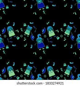 Bright Seamless Background with Trendy Elements. Seamless Pattern with Hand Drawn Girls. Modern Childish Rapport for Dress, Linen, Child Cloth. Naive Texture in Fashion Style. Vector Girlie Pattern.