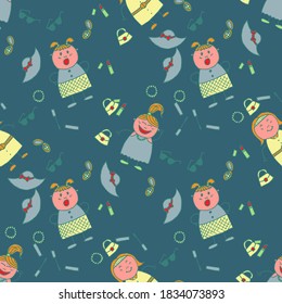 Bright Seamless Background with Trendy Elements. Modern Childish Rapport for Dress, Linen, Child Cloth. Naive Texture in Fashion Style. Seamless Pattern with Hand Drawn Girls. Vector Girlie Pattern.