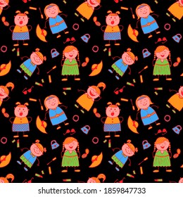 Bright Seamless Background with Trendy Elements. Seamless Pattern with Hand Drawn Girls. Modern Childish Rapport for Dress, Linen, Child Cloth. Naive Texture in Fashion Style. Vector Girlie Pattern.
