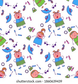 Bright Seamless Background with Trendy Elements. Naive Texture in Fashion Style. Seamless Pattern with Hand Drawn Girls. Modern Childish Rapport for Dress, Linen, Child Cloth. Vector Girlie Pattern.