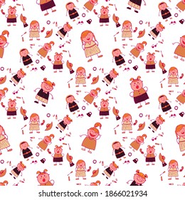 Bright Seamless Background with Trendy Elements. Modern Childish Rapport for Dress, Linen, Child Cloth. Naive Texture in Fashion Style. Seamless Pattern with Hand Drawn Girls. Vector Girlie Pattern.