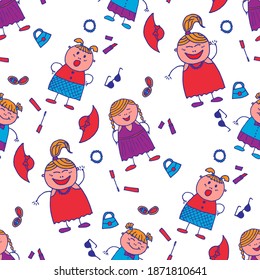 Bright Seamless Background with Trendy Elements. Seamless Pattern with Hand Drawn Girls. Naive Texture in Fashion Style. Modern Childish Rapport for Dress, Linen, Child Cloth. Vector Girlie Pattern.