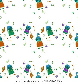 Bright Seamless Background with Trendy Elements. Seamless Pattern with Hand Drawn Girls. Modern Childish Rapport for Dress, Linen, Child Cloth. Naive Texture in Fashion Style. Vector Girlie Pattern.