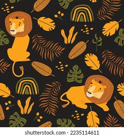 Bright seamless background with tropical plants and lion. Vector pattern with cute cartoon lion. Tropical background. Savannah. African animal. The lion is sleeping. The lion is sitting. King of beast