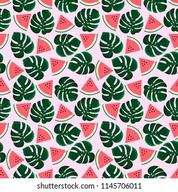 Bright seamless background with watermelons and leaves of tropical monsters. Vector illustration.