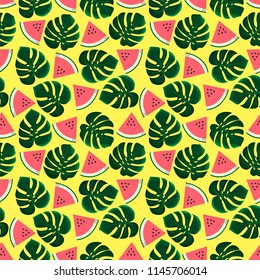 Bright seamless background with watermelons and leaves of tropical monsters. Vector illustration.